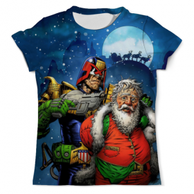 full_print_tee с принтом Judge Dredd Vs Father Xmas в Кировске, Футболка с нанесением полноцветного изображения по всей поверхности может быть выполнена в двух вариантах - ХЛОПОК и СИНТЕТИКА. | Хлопок - ткань из 100% хлопка высшего качества пенье.  <br>Синтетика - ткань с высоким содержанием синтетического волокна (до 80%).  Материал хорошо тянется, имеет приятную на ощупь фактуру | 