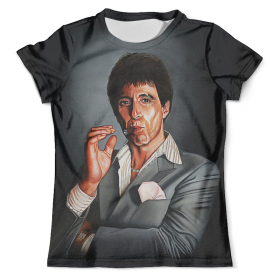 full_print_tee с принтом Tony Montana - Scarface в Кировске, Футболка с нанесением полноцветного изображения по всей поверхности может быть выполнена в двух вариантах - ХЛОПОК и СИНТЕТИКА. | Хлопок - ткань из 100% хлопка высшего качества пенье.  <br>Синтетика - ткань с высоким содержанием синтетического волокна (до 80%).  Материал хорошо тянется, имеет приятную на ощупь фактуру | 