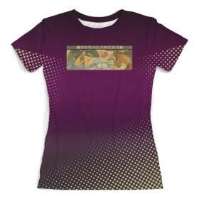 full_print_woman_tee с принтом Альфонс Муха, «Вино Инков» в Кировске, Футболка с нанесением полноцветного изображения по всей поверхности может быть выполнена в двух вариантах - ХЛОПОК и СИНТЕТИКА. | Хлопок - ткань из 100% хлопка высшего качества пенье.  <br>Синтетика - ткань с высоким содержанием синтетического волокна (до 80%).  Материал хорошо тянется, имеет приятную на ощупь фактуру | 