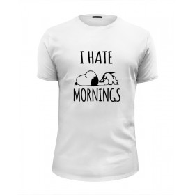 Мужская футболка Premium с принтом Я ненавижу утро (I Hate Mornings) в Кировске, Белый, черный, серый меланж, голубой: 100% хлопок, плотность 160 гр. Остальные цвета: 92% хлопок, 8% лайкра, плотность 170-180гр. |  | 