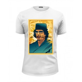 Мужская футболка Premium с принтом Муаммар Каддафи в Кировске, Белый, черный, серый меланж, голубой: 100% хлопок, плотность 160 гр. Остальные цвета: 92% хлопок, 8% лайкра, плотность 170-180гр. |  | 