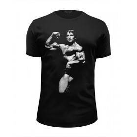 Мужская футболка Premium с принтом Schwarzenegger в Кировске, Белый, черный, серый меланж, голубой: 100% хлопок, плотность 160 гр. Остальные цвета: 92% хлопок, 8% лайкра, плотность 170-180гр. |  | 