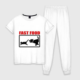 Женская пижама хлопок с принтом Fast food в Кировске, 100% хлопок | брюки и футболка прямого кроя, без карманов, на брюках мягкая резинка на поясе и по низу штанин | fast food | fastfood | быстра еда | коты | кошка | песики | собака