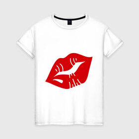 Женская футболка хлопок с принтом Губы в Кировске, 100% хлопок | прямой крой, круглый вырез горловины, длина до линии бедер, слегка спущенное плечо | kiss | lips | губы | помада | поцелуй
