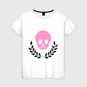 Женская футболка хлопок с принтом Память о умершем эмо в Кировске, 100% хлопок | прямой крой, круглый вырез горловины, длина до линии бедер, слегка спущенное плечо | emo | лавры | розовый череп | субкультуры | череп | эмо | эмо череп