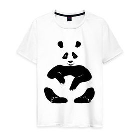 Мужская футболка хлопок с принтом Панда сидит в Кировске, 100% хлопок | прямой крой, круглый вырез горловины, длина до линии бедер, слегка спущенное плечо. | 