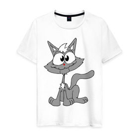Мужская футболка хлопок с принтом Серый кот в Кировске, 100% хлопок | прямой крой, круглый вырез горловины, длина до линии бедер, слегка спущенное плечо. | домашние животные | кот | кошка | кошки | серый кот