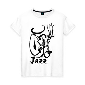 Женская футболка хлопок с принтом Jazz в Кировске, 100% хлопок | прямой крой, круглый вырез горловины, длина до линии бедер, слегка спущенное плечо | jazz | джаз | звуки | музыка | музыкальные стили | рисунок | силуэт | человек
