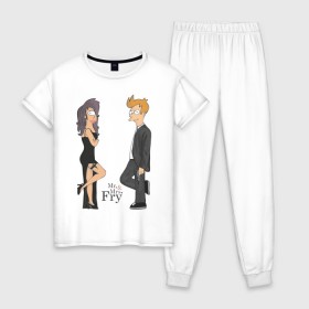 Женская пижама хлопок с принтом Mr. & Mrs. Fry в Кировске, 100% хлопок | брюки и футболка прямого кроя, без карманов, на брюках мягкая резинка на поясе и по низу штанин | bender | futurama | бендер | футурама