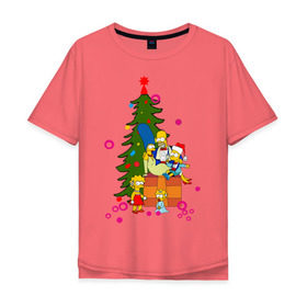 Мужская футболка хлопок Oversize с принтом Новый год у симпсонов в Кировске, 100% хлопок | свободный крой, круглый ворот, “спинка” длиннее передней части | 2012 | 2012 год | simpsons | год дракона | елка | елочка | новогодний | новый 2012 | новый год | подарки | симпсоны | симсоны
