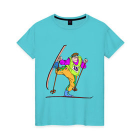 Женская футболка хлопок с принтом Лыжник (2) в Кировске, 100% хлопок | прямой крой, круглый вырез горловины, длина до линии бедер, слегка спущенное плечо | беговые лыжи | гора | горные лыжи | для зимы | зимний спорт | лыжи | лыжник | трасса