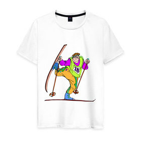Мужская футболка хлопок с принтом Лыжник (2) в Кировске, 100% хлопок | прямой крой, круглый вырез горловины, длина до линии бедер, слегка спущенное плечо. | беговые лыжи | гора | горные лыжи | для зимы | зимний спорт | лыжи | лыжник | трасса