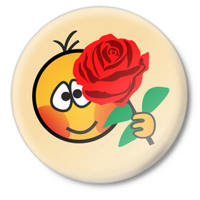 Значок с принтом Смайлик с розой в Кировске,  металл | круглая форма, металлическая застежка в виде булавки | Тематика изображения на принте: 