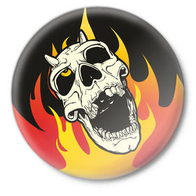 Значок с принтом Череп в пламени в Кировске,  металл | круглая форма, металлическая застежка в виде булавки | skull | демон | огонь
