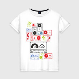 Женская футболка хлопок с принтом Кассеты в Кировске, 100% хлопок | прямой крой, круглый вырез горловины, длина до линии бедер, слегка спущенное плечо | аудиокассеты | кассеты | музыка | прикольные