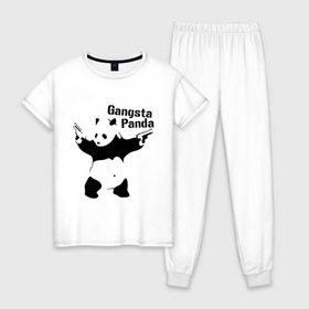 Женская пижама хлопок с принтом Gangsta Panda в Кировске, 100% хлопок | брюки и футболка прямого кроя, без карманов, на брюках мягкая резинка на поясе и по низу штанин | Тематика изображения на принте: панда