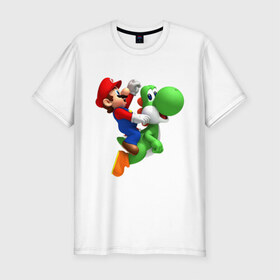 Мужская футболка премиум с принтом Mario в Кировске, 92% хлопок, 8% лайкра | приталенный силуэт, круглый вырез ворота, длина до линии бедра, короткий рукав | Тематика изображения на принте: mario | nintendo | videogames | аркада | видеоигры | нинтендо | приставки
