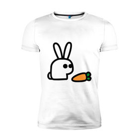 Мужская футболка премиум с принтом Заяц и моркоФка в Кировске, 92% хлопок, 8% лайкра | приталенный силуэт, круглый вырез ворота, длина до линии бедра, короткий рукав | животные | зайка | зайчишка | зайчонок | заяц | кролик | морковка