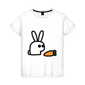 Женская футболка хлопок с принтом Заяц и моркоФка в Кировске, 100% хлопок | прямой крой, круглый вырез горловины, длина до линии бедер, слегка спущенное плечо | Тематика изображения на принте: животные | зайка | зайчишка | зайчонок | заяц | кролик | морковка