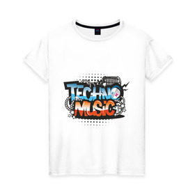 Женская футболка хлопок с принтом techno music в Кировске, 100% хлопок | прямой крой, круглый вырез горловины, длина до линии бедер, слегка спущенное плечо | music | techno | музыка | надпись | техно