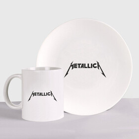 Набор: тарелка + кружка с принтом Metallica в Кировске, керамика | Кружка: объем — 330 мл, диаметр — 80 мм. Принт наносится на бока кружки, можно сделать два разных изображения. 
Тарелка: диаметр - 210 мм, диаметр для нанесения принта - 120 мм. | металлика