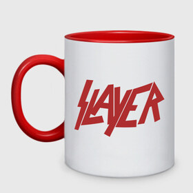 Кружка двухцветная с принтом Slayer в Кировске, керамика | объем — 330 мл, диаметр — 80 мм. Цветная ручка и кайма сверху, в некоторых цветах — вся внутренняя часть | metal | rock | slayer | метал | металл | рок | рок группа | рок группы