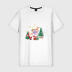 Мужская футболка премиум с принтом Merry Christmas в Кировске, 92% хлопок, 8% лайкра | приталенный силуэт, круглый вырез ворота, длина до линии бедра, короткий рукав | 2012 | new year | дед мороз | елка | елочка | нг | новогодний | новый 2012 | новый год | олень | подарки | санта | санта клаус | снеговик