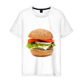 Мужская футболка хлопок с принтом Гамбургер в Кировске, 100% хлопок | прямой крой, круглый вырез горловины, длина до линии бедер, слегка спущенное плечо. | burger | fastfood | gamburger | бургер | гамбургер | еда | пища | фаст фуд | фастфуд