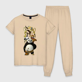 Женская пижама хлопок с принтом Кунг фу Панда (10) в Кировске, 100% хлопок | брюки и футболка прямого кроя, без карманов, на брюках мягкая резинка на поясе и по низу штанин | kung fu panda | panda | кунг фу | кунг фу панда