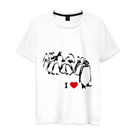 Мужская футболка хлопок с принтом Я люблю пингвинов в Кировске, 100% хлопок | прямой крой, круглый вырез горловины, длина до линии бедер, слегка спущенное плечо. | i love | penguin | птицы | сердце