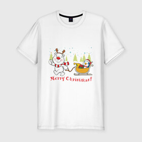 Мужская футболка премиум с принтом Boowoo (2) в Кировске, 92% хлопок, 8% лайкра | приталенный силуэт, круглый вырез ворота, длина до линии бедра, короткий рукав | christmas | елка | нг | новогодний | новый год | олененок | олень | подарки | рождество | рожднственский