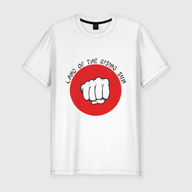 Мужская футболка премиум с принтом Страна восходящего солнца в Кировске, 92% хлопок, 8% лайкра | приталенный силуэт, круглый вырез ворота, длина до линии бедра, короткий рукав | Тематика изображения на принте: land of the rising sun | кулак | страна восходящего солнца | флаг японии | япония