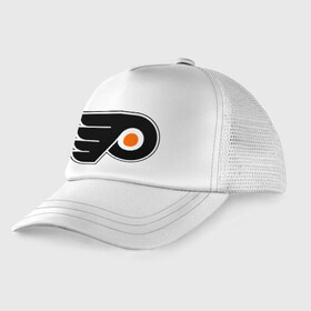 Детская кепка тракер с принтом Philadelphia Flyers в Кировске, Козырек - 100% хлопок. Кепка - 100% полиэстер, Задняя часть - сетка | универсальный размер, пластиковая застёжка | Тематика изображения на принте: hockey | nhl | национальная лига | нхл | филадельфия флаерс | хокей | хоккей