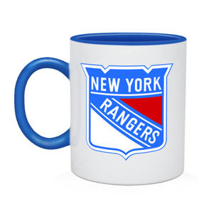 Кружка двухцветная с принтом New York Rangers в Кировске, керамика | объем — 330 мл, диаметр — 80 мм. Цветная ручка и кайма сверху, в некоторых цветах — вся внутренняя часть | new york rangers | nhl | национальная хоккейная лига | нью йорк рейнджерс | хоккей | хоккейная лига
