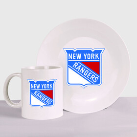 Набор: тарелка + кружка с принтом New York Rangers в Кировске, керамика | Кружка: объем — 330 мл, диаметр — 80 мм. Принт наносится на бока кружки, можно сделать два разных изображения. 
Тарелка: диаметр - 210 мм, диаметр для нанесения принта - 120 мм. | new york rangers | nhl | национальная хоккейная лига | нью йорк рейнджерс | хоккей | хоккейная лига