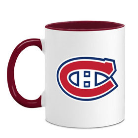 Кружка двухцветная с принтом Montreal Canadiens в Кировске, керамика | объем — 330 мл, диаметр — 80 мм. Цветная ручка и кайма сверху, в некоторых цветах — вся внутренняя часть | montreal canadiens | канадская хоккейная лига | монтреал | нхл | хокей | хоккей