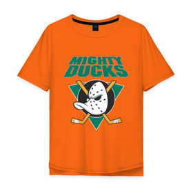 Мужская футболка хлопок Oversize с принтом Anaheim Mighty Ducks в Кировске, 100% хлопок | свободный крой, круглый ворот, “спинка” длиннее передней части | Тематика изображения на принте: anaheim mighty ducks | майти дакс | национальная лига калифорнии | хокей | хоккей