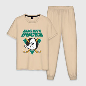 Мужская пижама хлопок с принтом Anaheim Mighty Ducks в Кировске, 100% хлопок | брюки и футболка прямого кроя, без карманов, на брюках мягкая резинка на поясе и по низу штанин
 | Тематика изображения на принте: anaheim mighty ducks | майти дакс | национальная лига калифорнии | хокей | хоккей