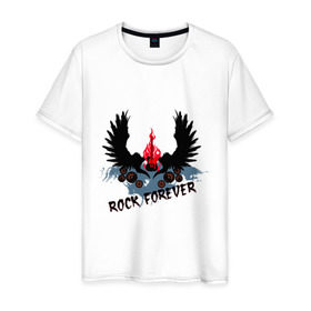 Мужская футболка хлопок с принтом Rock forever (2) в Кировске, 100% хлопок | прямой крой, круглый вырез горловины, длина до линии бедер, слегка спущенное плечо. | крылья