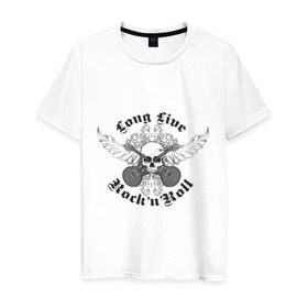 Мужская футболка хлопок с принтом Long Live Rock`n`Roll в Кировске, 100% хлопок | прямой крой, круглый вырез горловины, длина до линии бедер, слегка спущенное плечо. | rock | rocknroll | гитары | рок | рок н ролл | череп | черепок | черепушка