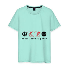 Мужская футболка хлопок с принтом Мир, Любовь и Покер в Кировске, 100% хлопок | прямой крой, круглый вырез горловины, длина до линии бедер, слегка спущенное плечо. | love | peace | poker | любовь | мир | покер