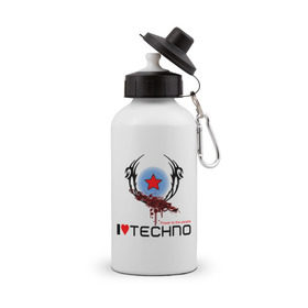 Бутылка спортивная с принтом I love techno (4) в Кировске, металл | емкость — 500 мл, в комплекте две пластиковые крышки и карабин для крепления | love techno | techno | люблю техно | техно | я люблю | я люблю техно