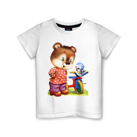 Детская футболка хлопок с принтом Медвежонок в Кировске, 100% хлопок | круглый вырез горловины, полуприлегающий силуэт, длина до линии бедер | велосипед | медведь | медвеженок | медвежонок | птичка