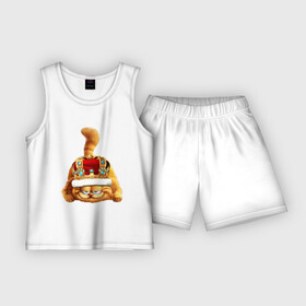 Детская пижама с шортами хлопок с принтом Гарфилд (2) в Кировске,  |  | Тематика изображения на принте: гарфилд garfield | король | корона | кот | царь