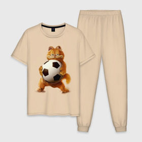 Мужская пижама хлопок с принтом Гарфилд (3) в Кировске, 100% хлопок | брюки и футболка прямого кроя, без карманов, на брюках мягкая резинка на поясе и по низу штанин
 | garfield | гарфилд | кот | коты | кошки | мульт | мультик | мульфильм | мяч | футбольный мяч