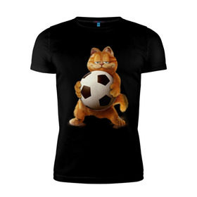 Мужская футболка премиум с принтом Гарфилд (3) в Кировске, 92% хлопок, 8% лайкра | приталенный силуэт, круглый вырез ворота, длина до линии бедра, короткий рукав | Тематика изображения на принте: garfield | гарфилд | кот | коты | кошки | мульт | мультик | мульфильм | мяч | футбольный мяч