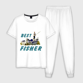 Мужская пижама хлопок с принтом Best fisher в Кировске, 100% хлопок | брюки и футболка прямого кроя, без карманов, на брюках мягкая резинка на поясе и по низу штанин
 | клев | лодка | лучший рыбак | на рыбалке | ноживка | рыбак в лодке | рыбалка | удочка | улов