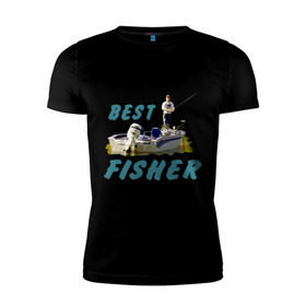 Мужская футболка премиум с принтом Best fisher в Кировске, 92% хлопок, 8% лайкра | приталенный силуэт, круглый вырез ворота, длина до линии бедра, короткий рукав | клев | лодка | лучший рыбак | на рыбалке | ноживка | рыбак в лодке | рыбалка | удочка | улов