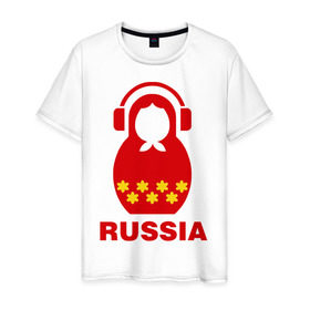 Мужская футболка хлопок с принтом Russia dj в Кировске, 100% хлопок | прямой крой, круглый вырез горловины, длина до линии бедер, слегка спущенное плечо. | диджей | матрешка | наушники | россия