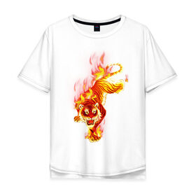Мужская футболка хлопок Oversize с принтом Тигр в огне в Кировске, 100% хлопок | свободный крой, круглый ворот, “спинка” длиннее передней части | Тематика изображения на принте: животные | огонь | пламя | тигр в огне | тирг | хищники